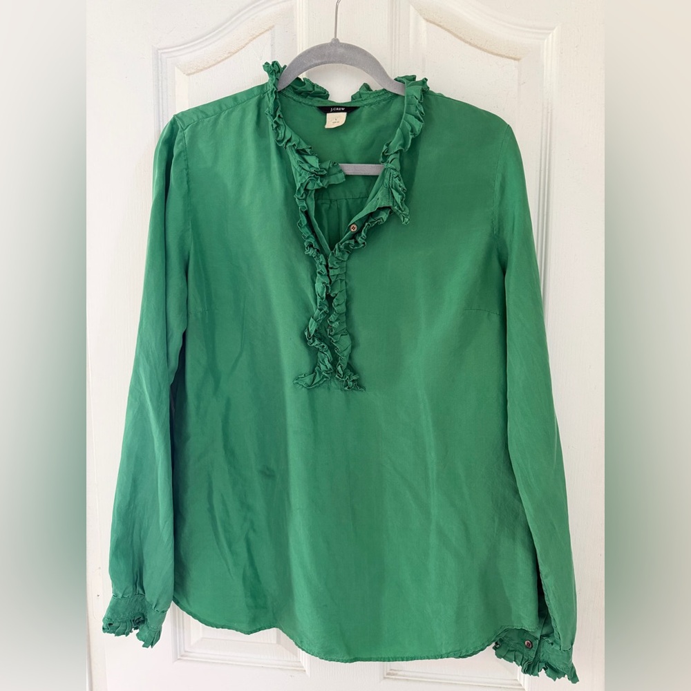J. Crew 100% Silk Green Ruffled V-Neck Long Sleeve Top